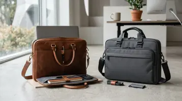 Braune Leder-Aktentasche mit Laptop neben einer grauen Aktentasche aus Gewebe im Büro