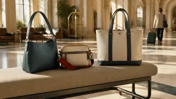 Schultertasche, Crossbody-Tasche und Tote auf einer Hotellobby-Bank