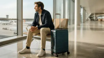 Reisender mit Hartschalenkoffer in einem hellen Flughafenterminal