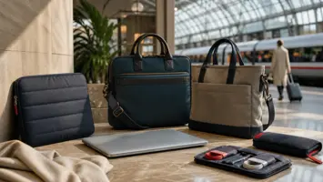 Laptop-Hülle, Business-Tasche und Schultertasche auf einem Tisch