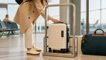 Kabinenkoffer in einem Gepäckmaß-Rahmen am Flughafen