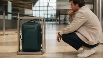 Handgepäck-Rucksack in einem Gepäckmaß-Rahmen am Flughafen