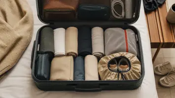 Offener Koffer mit gerollter Kleidung und geordneten Schuhen