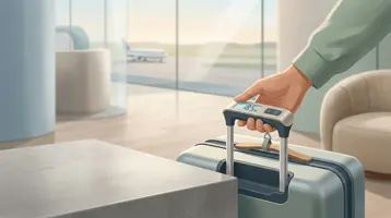 Hand hält eine digitale Kofferwaage am Griff eines Koffers, im Hintergrund ein Flugzeug am Gate