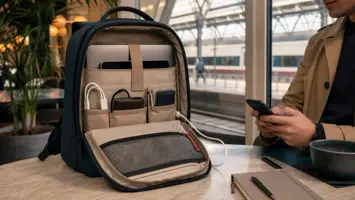 Geöffneter Laptop-Rucksack mit gepolstertem Fach und Organizer