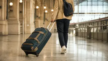 Reisender zieht eine Rollreisetasche durch einen Bahnhof