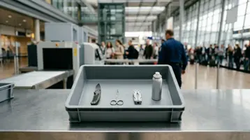 Sicherheitswanne an der Handgepäckkontrolle mit Taschenmesser, Nagelschere, Multitool und Spraydose