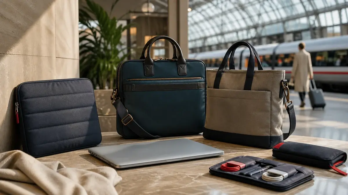Laptop-Hülle, Business-Tasche und Schultertasche auf einem Tisch