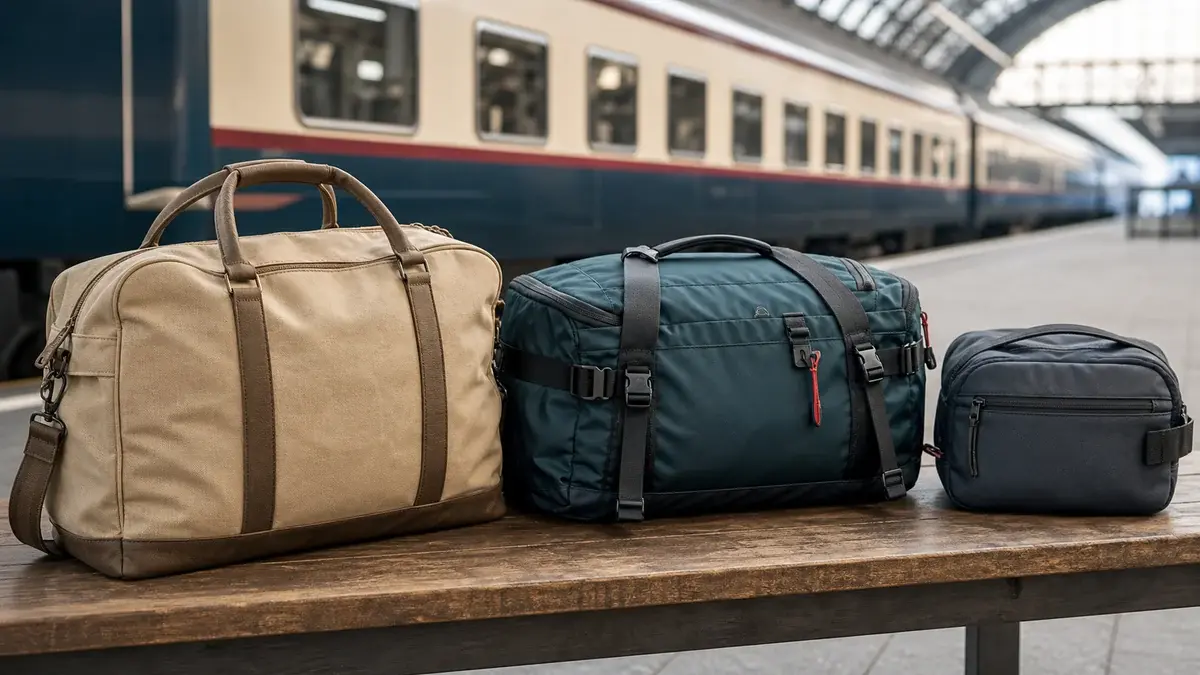 Weekender, Duffel und kompakte Sporttasche auf einer Bahnhofsbank