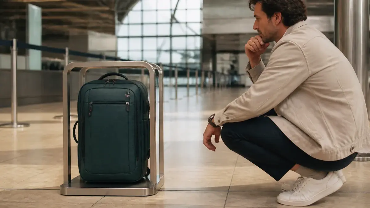 Handgepäck-Rucksack in einem Gepäckmaß-Rahmen am Flughafen