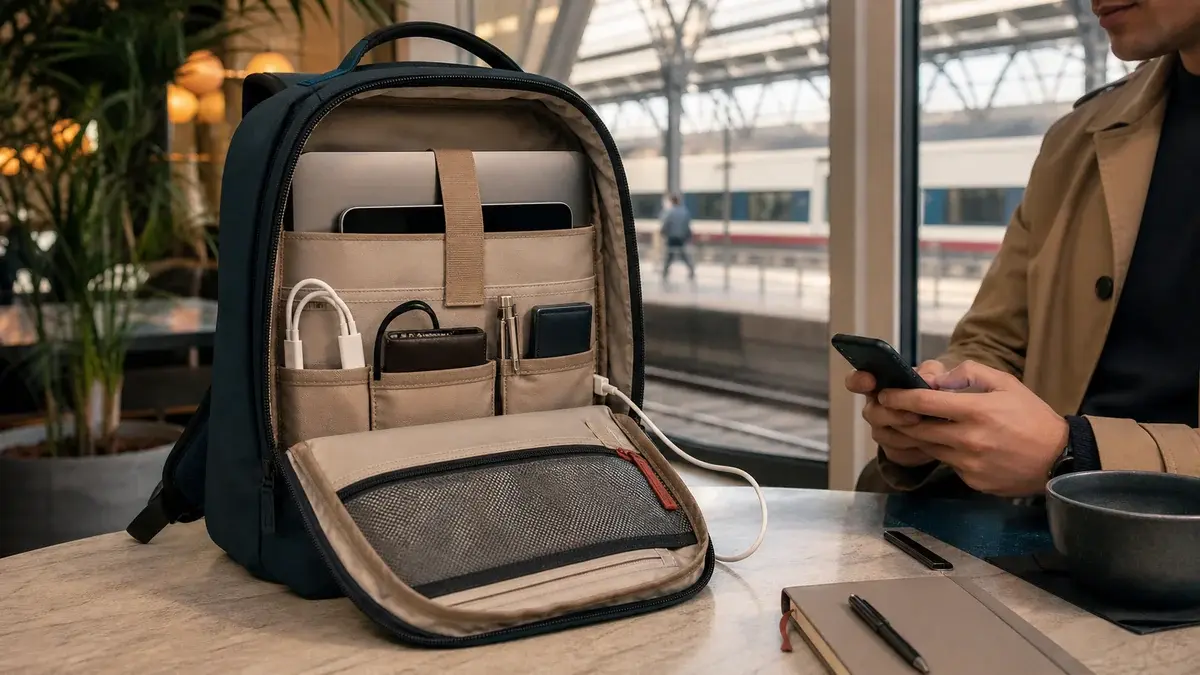 Geöffneter Laptop-Rucksack mit gepolstertem Fach und Organizer
