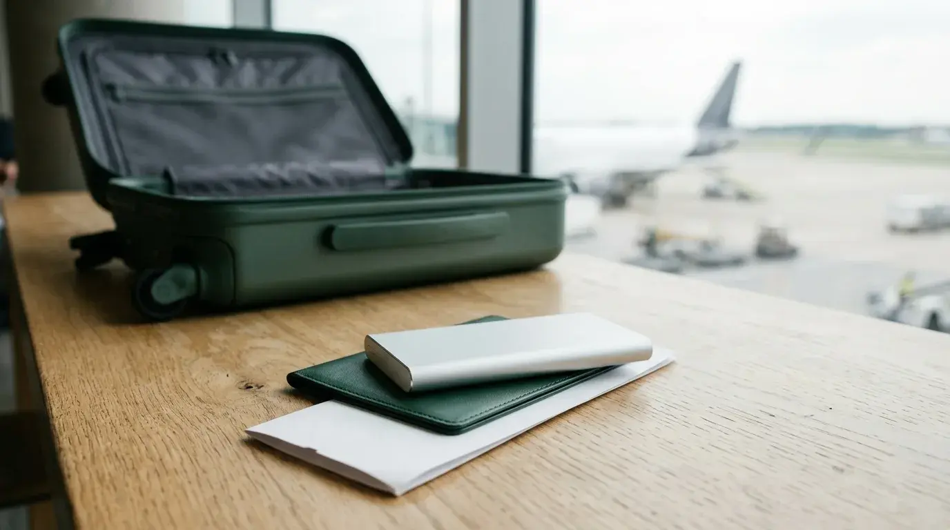 Silberne Powerbank auf Reisepass und Bordkarte an einem Flughafenfenster, dahinter ein geöffneter Kabinenkoffer