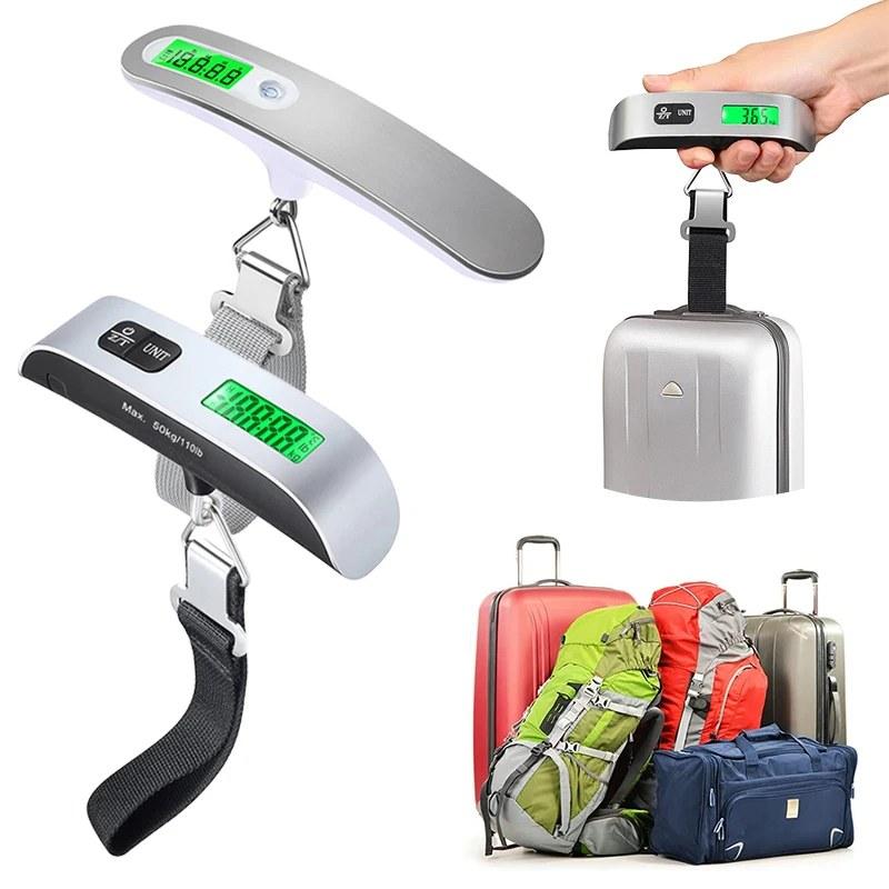 Silberne digitale Kofferwaage mit Textilgurt und LCD-Display