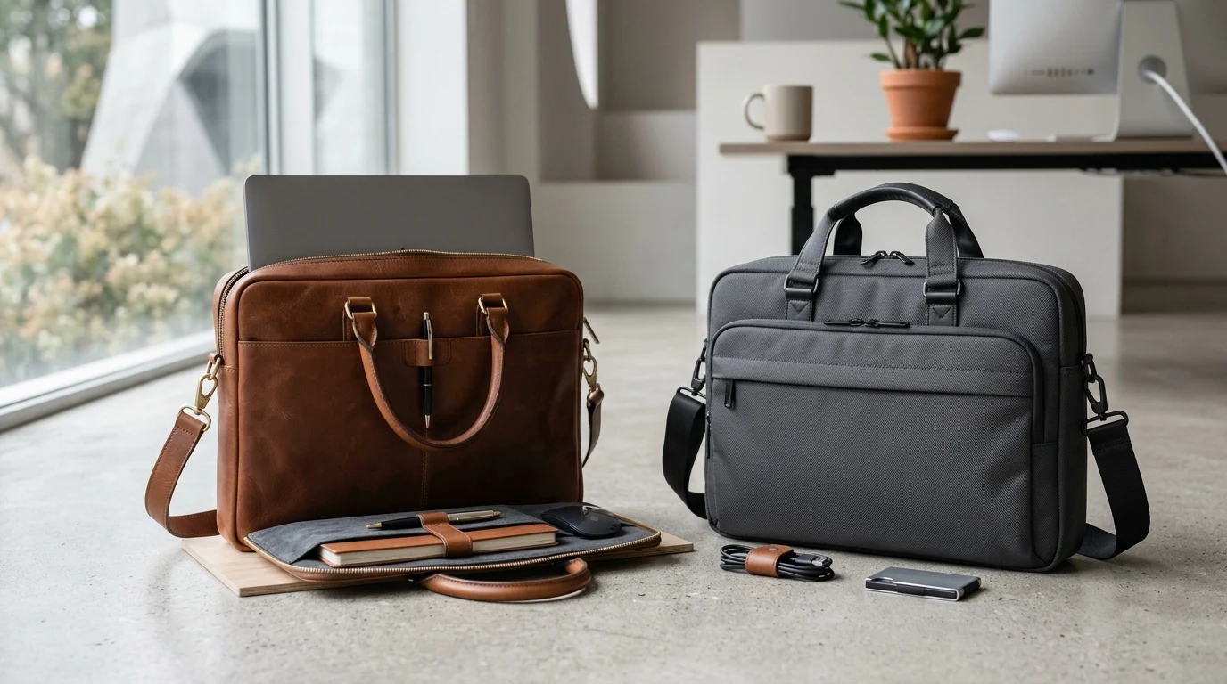Braune Leder-Aktentasche mit Laptop neben einer grauen Aktentasche aus Gewebe im Büro
